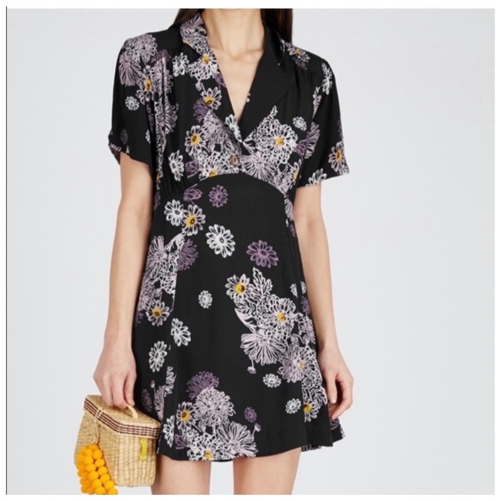 Free People Blue Hawaii Black Floral Mini Dress L Boho Tropical Summer Festival